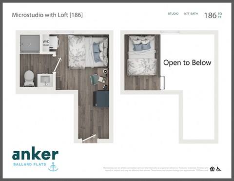 Floor plan for studio, 1 bath, 200 sqft